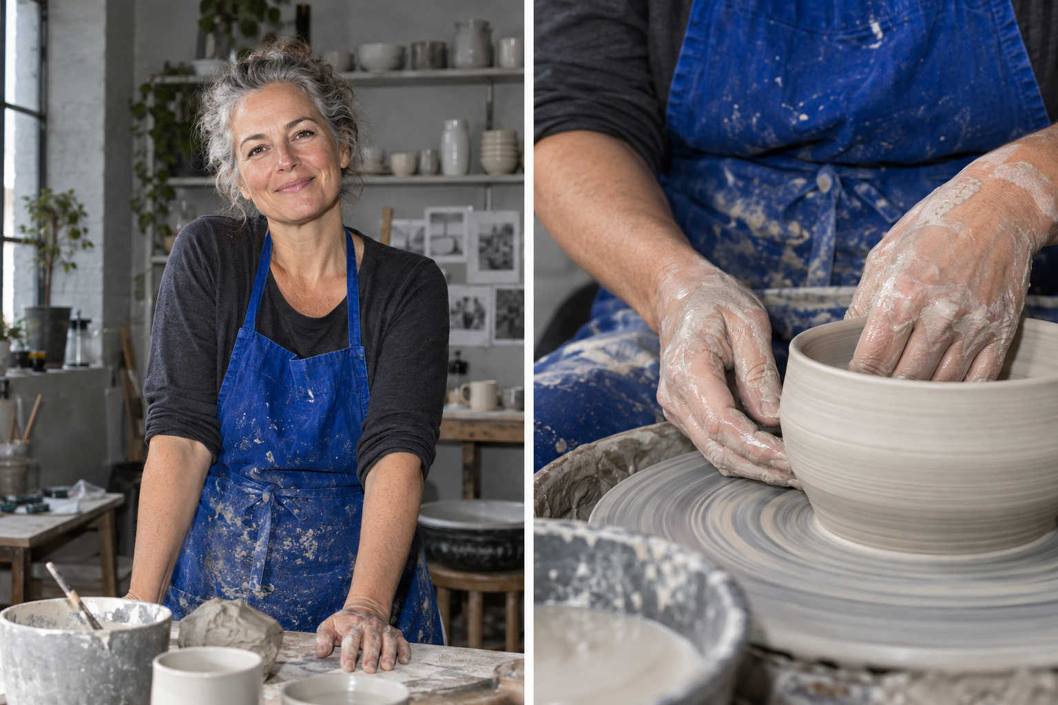 Concept photograph of a pottery business owner and hands shaping clay